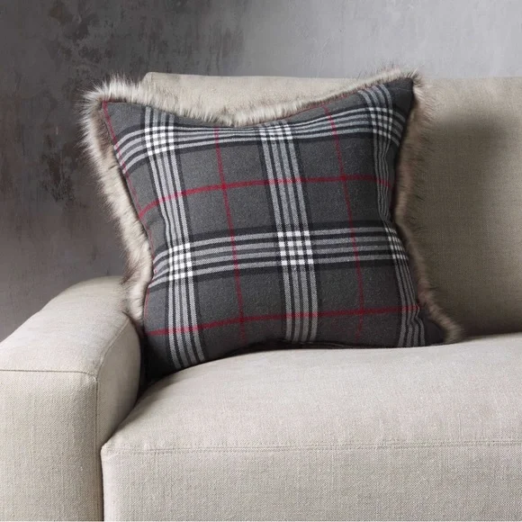 New Arhaus Tartan Faux Fur Pillow in Grey, Gray Red Plaid